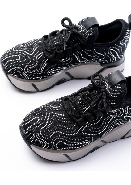 Siyah Bağcıklı Fileli Taşlı Platin Taban Günlük Kadın Spor indirimleri