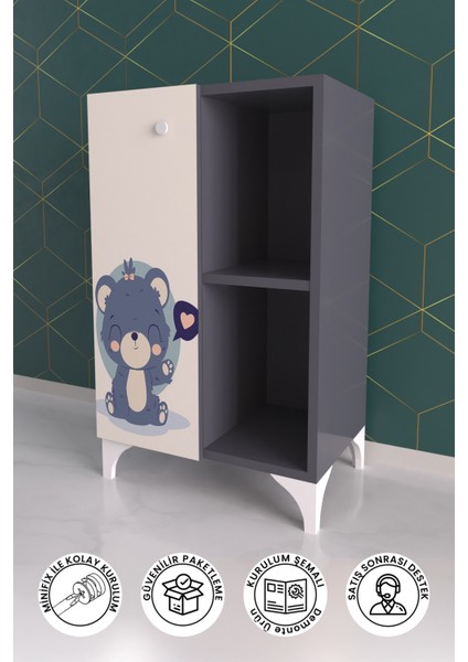 2 Raflı Tek Kapak Fluffy Friend Çocuk Odası Çok Amaçlı Dolabı