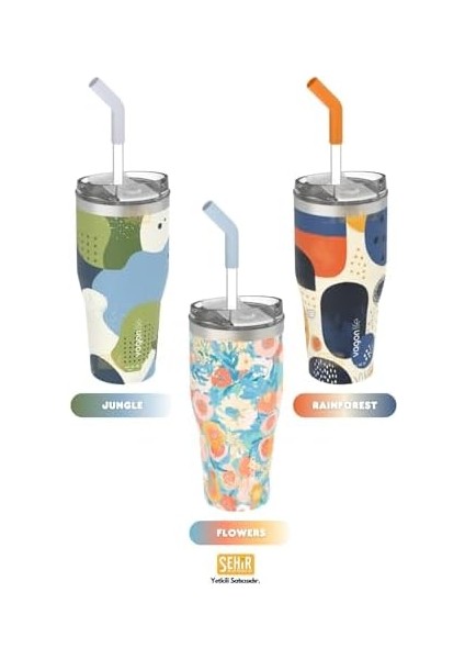 590ML Desenli Pipetli/pipetsiz Çift Kullanım Tumbler Kahve Bardağı/mug Paslanmaz Çelik Termos (Jungle)