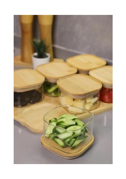 Kare Cam 6 Lı Kahvaltılık Set - Bambu Kapaklı, Bambu Tepsili, Doğal Ahşap Sunum Tepsisiyle, Hava Geçirmez Vakumlu Kapaklı, Şık ve Sağlıklı Cam Kahvaltı Takımı (6 Lı Kare) fiyatları