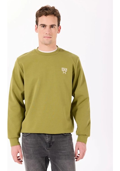 Bisiklet Yaka Sırtı Flok Göğsü Yıldız Baskılı Erkek Sweatshirt