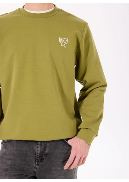 Bisiklet Yaka Sırtı Flok Göğsü Yıldız Baskılı Erkek Sweatshirt