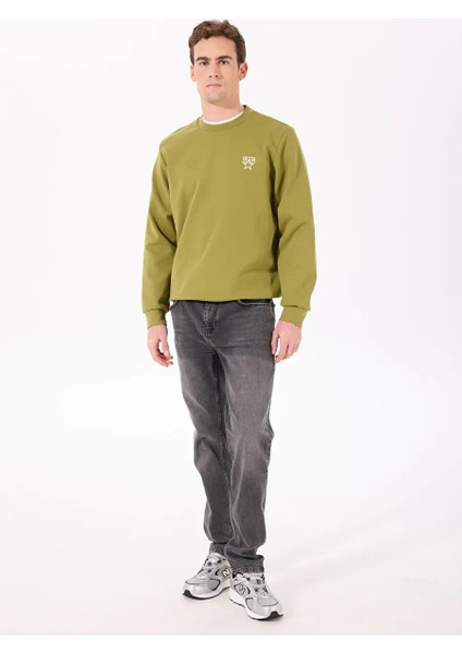 Bisiklet Yaka Sırtı Flok Göğsü Yıldız Baskılı Erkek Sweatshirt
