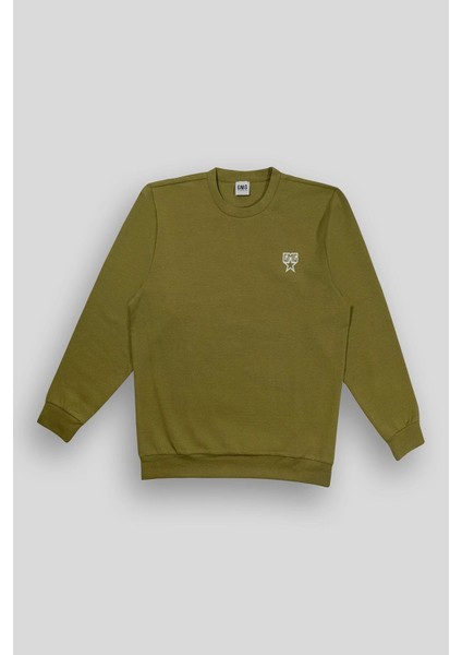 Bisiklet Yaka Sırtı Flok Göğsü Yıldız Baskılı Erkek Sweatshirt