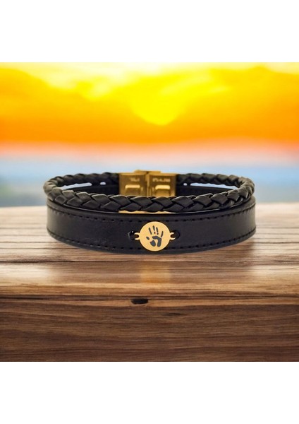 Altın Plakalı 14 Ayar Yuvarlak Figürlü Derili Erkeklere Özel Sembol Bilekliği-381SEMBOL-Siyah