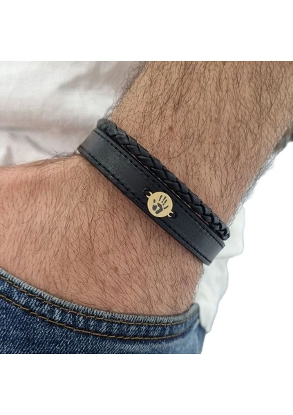 Altın Plakalı 14 Ayar Yuvarlak Figürlü Derili Erkeklere Özel Sembol Bilekliği-381SEMBOL-Siyah fiyatları