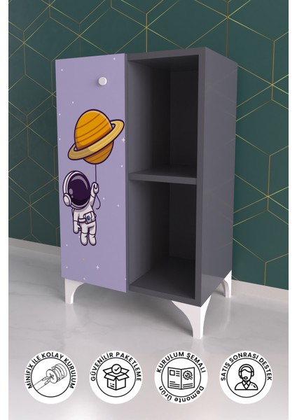 2 Raflı Tek Kapak Tiny Astronaut Çocuk Odası Çok Amaçlı Dolabı