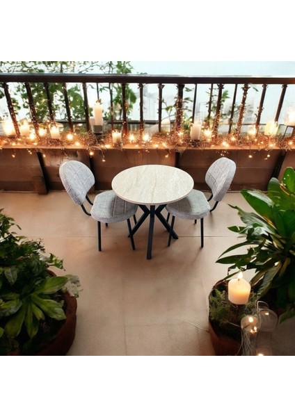 70 x 70 Trevertan Yuvarlak Balkon Masa Ahtapot Ayak Armut Sandalye 2 Adet
