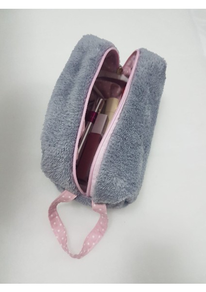 Makyaj Çantası Peluş Gri Pembe
