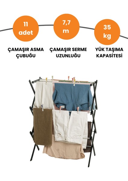 Portadry Taşınabilir Yer Tasarruflu Pratik ve Dayanıklı Metal Akordiyon Çamaşır Askısı-70 cm Siyah