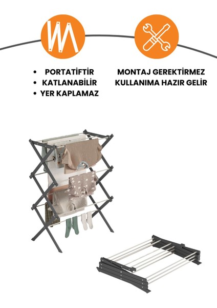 Portadry Taşınabilir Yer Tasarruflu Pratik ve Dayanıklı Metal Akordiyon Çamaşır Askısı-70 cm Siyah