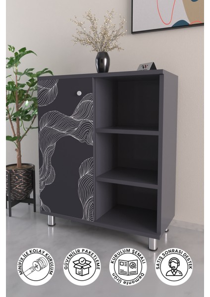 3 Raflı Tek Kapak Twisted Lines Çok Amaçlı Dolabı Mutfak Kiler Banyo Balkon Erzak Dolabı