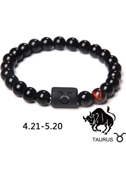 19CM Tarzı Boğa Burcu 12 Burç Takı Taş Boncuklu Çift Bilezik Doğal Siyah Oniks Taşı Esnek Şans Bileklik Kadın Erkek Doğum Günü Hediyesi (Yurt Dışından)