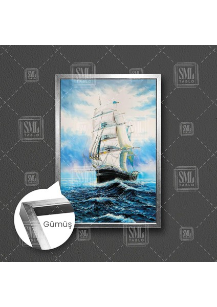 Açık Denizde Yelkenli Gemi Deniz Dalga Manzara Çerçeveli Dikey Kanvas Tablo