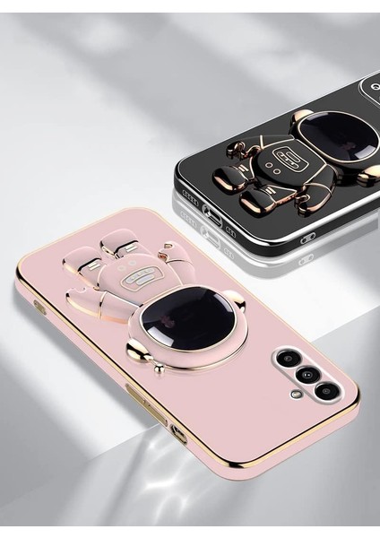 Samsung Galaxy A16 Kılıf Astronot Standlı Sevimli Parlak Gold Detaylı Altın Kenarlı Tam Korumalı