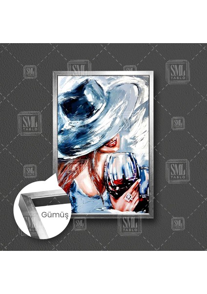 Şarap Içen Şapkalı Kadın Yüzük Kırmızı Ruj Çerçeveli Dikey Kanvas Tablo