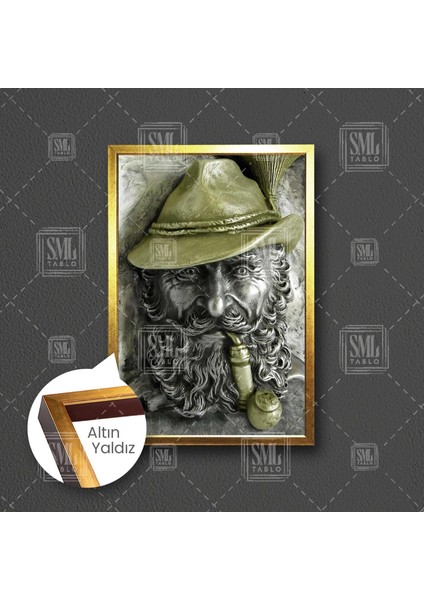 Pipo Içen Sakallı Adam Heykel Metal Gold Altın Çerçeveli Dikey Kanvas Tablo