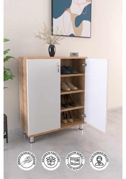 4 Raflı 2 Kapaklı Ayakkabı Dolabı Antre Hol Çok Amaçlı Ayakkabılık