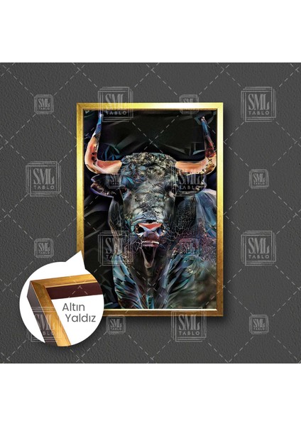 Sivri Boynuzlu Boğa Dijital Hayvan Art Modern Sanat Çerçeveli Dikey Kanvas Tablo