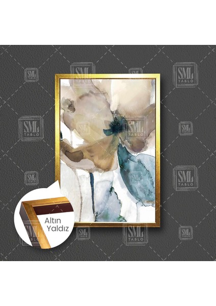 Soyut Sulu Boya Efektli Dekoratif Çiçek Pastel Renkler Çerçeveli Dikey Kanvas Tablo