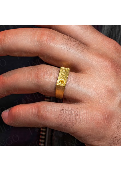 925 Ayar Gümüş Altın Kaplama Sitrin Taşlı Sade Erkek Yüzük