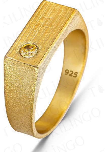 925 Ayar Gümüş Altın Kaplama Sitrin Taşlı Sade Erkek Yüzük fiyatları