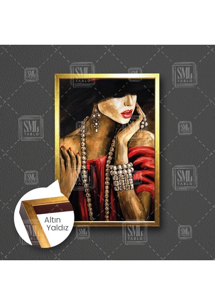 Kırmızı Elbiseli Siyah Şapkalı Inci Küpeli Takılı Kadın Ruj Dudak Çerçeveli Dikey Kanvas Tablo