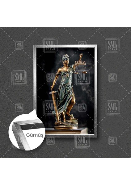 Themis Gözü Kapalı Bir Elinde Kılıç Bir Elinde Terazi Adalet Heykeli Hukuk Büro Dekor Çerçeveli Dikey Kanvas Tablo