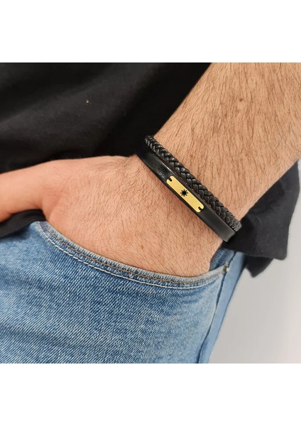 14 Ayar Altın Plakalı Erkekler İçin Dikdörtgen Figürlü Özgün Derili Sembol Bilekliği-382SEMBOL-Siyah