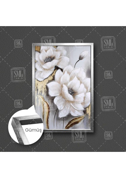 Beyaz Yapraklı Altın Detaylı Dekoratif Çiçek Gold Dekor Çerçeveli Dikey Kanvas Tablo