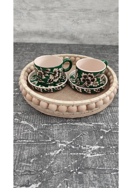 Yuvarlak Boncuklu Dekoratif Ahşap Tepsi 26 cm