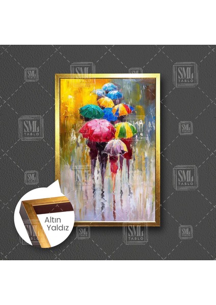 Renkli Şemsiyeli Insanlar Soyut Abstract Çerçeveli Dikey Kanvas Tablo