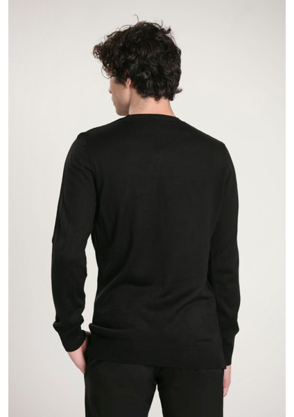 Bisiklet Yaka Göğüs Fermuar Deri Cep Detaylı Slim Fit Erkek Kazak