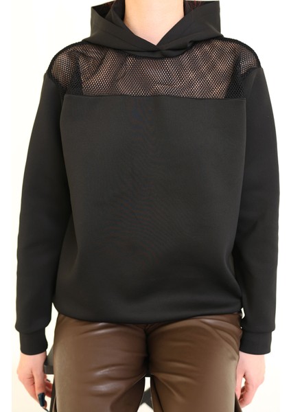 Kadın Scuba Kumaş File Detay Kapşonlu Sweatshirt