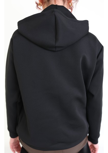 Kadın Scuba Kumaş File Detay Kapşonlu Sweatshirt