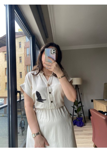 Kuş Detaylı Midi Boy Keten Elbise