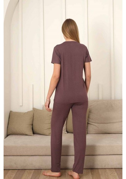 Kadın Süs Düğmeli Fiyonklu V Yaka Puantiyeli Likralı Viskon Kısa Kol Pijama Takımı fırsatları