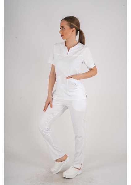 Business Model Soft Likra Beyaz Doktor Hemşire Hastane Scrubs Üniforma Takımı