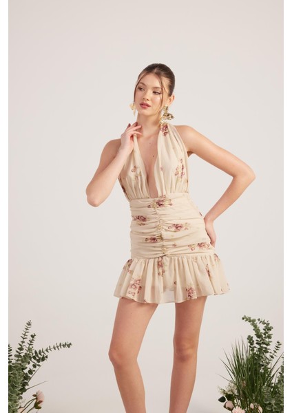 Çiçekli Şifon Kumaş Mini Yolanda Elbise Bej