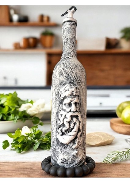 El Yapımı Antik Yüz Figürlü Yağdanlık, Sosluk, Sirkelik Cam Şişe Üzeri Taş Doku, Sunum Standlı