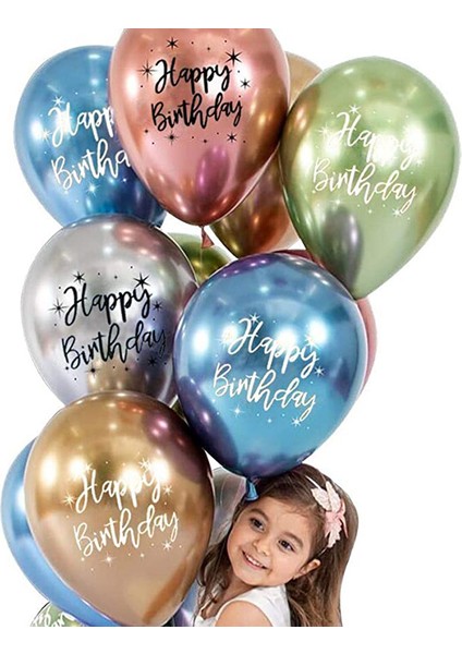 10 Adet 12 Inç Mutlu Doğum Günü Lateks Balonlar Krom Kaplama Baskılı Desen Balon Helyum Metal Topu Doğum Günü Dekorasyon (Yurt Dışından)