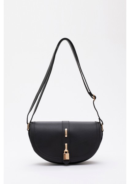 Siyah SHK92 Kilit Detaylı Suni Deri Tek Bölmeli Çıtçıtlı El, Kol ve Omuz Çantası U:15 E:25 G:6 cm