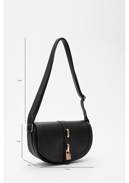 Siyah SHK92 Kilit Detaylı Suni Deri Tek Bölmeli Çıtçıtlı El, Kol ve Omuz Çantası U:15 E:25 G:6 cm fiyatları