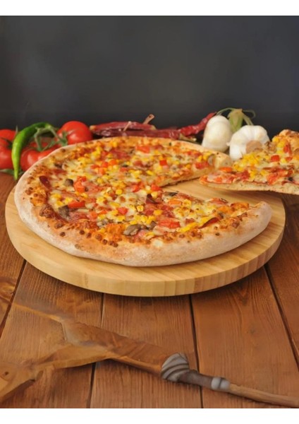 360° Dönebilen 34 cm Bambu Ahşap Pizza, Peynirebilen ve Sunum Tepsisi - Çok Amaçlı Döner Servis Tahtası, Çerezlik & Sunumluk, Şık ve Dayanıklı Ahşap Sunum Ürünü (Klasik)