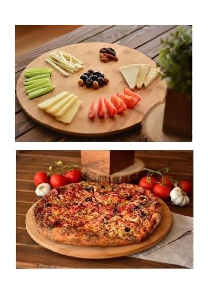 360° Dönebilen 34 cm Bambu Ahşap Pizza, Peynirebilen ve Sunum Tepsisi - Çok Amaçlı Döner Servis Tahtası, Çerezlik & Sunumluk, Şık ve Dayanıklı Ahşap Sunum Ürünü (Klasik)