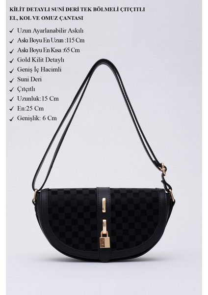 Kare Desenli Siyah Shk92 Kilit Detaylı Deri Tek Bölmeli Çıtçıtlı El, Kol Ve Omuz Çantası U:15 E:25 G:6 Cm modelleri