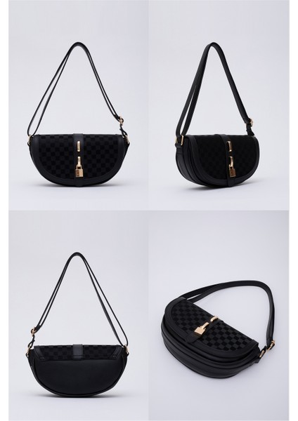 Kare Desenli Siyah Shk92 Kilit Detaylı Deri Tek Bölmeli Çıtçıtlı El, Kol Ve Omuz Çantası U:15 E:25 G:6 Cm