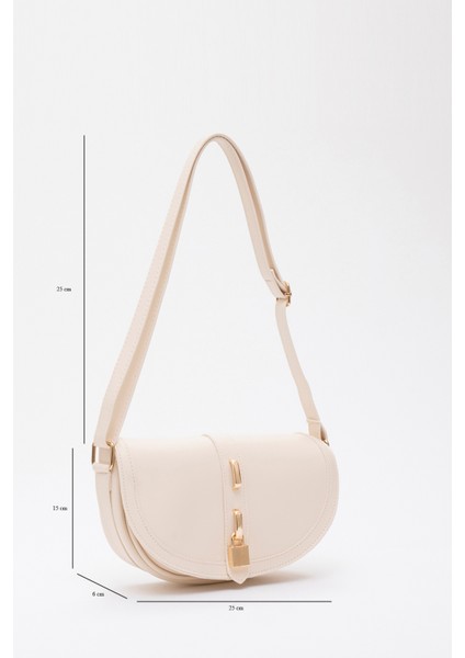 Krem SHK92 Kilit Detaylı Suni Deri Tek Bölmeli Çıtçıtlı El, Kol ve Omuz Çantası U:15 E:25 G:6 cm fiyatları
