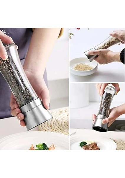 Paslanmaz Çelik Kapaklı Cam Gövdeli Baharat Değirmeni Seti 2'li 19 cm