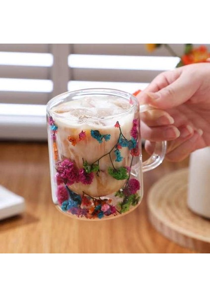 300ML Çift Cidarlı Çiçekli Kupa - Isıya Dayanıklı Çift Katmanlı Cam Çay & Kahve Kupası | Şık ve Ergonomik Tasarım